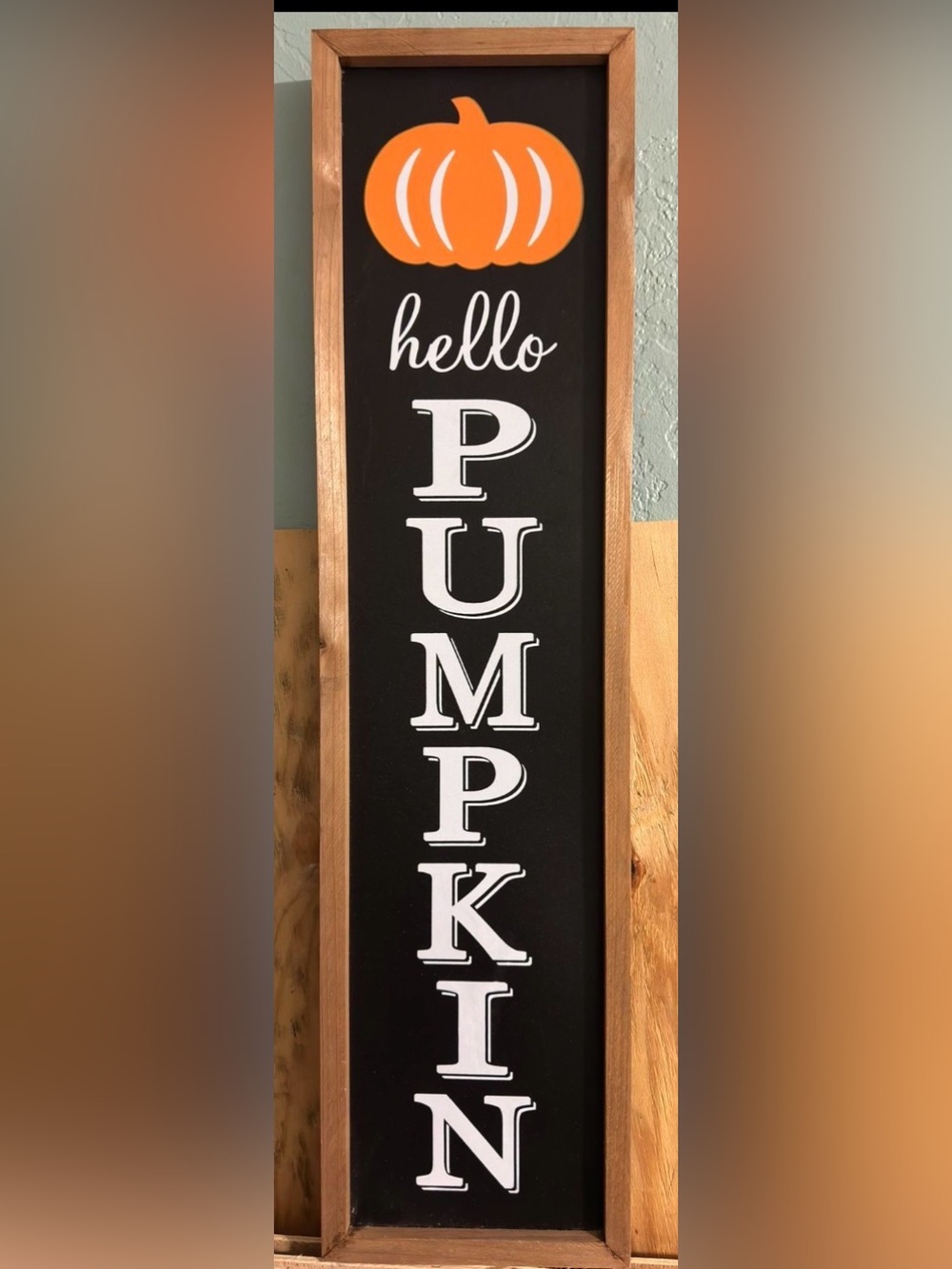 "Hello Pumpkin" Framed Wooden Porch & Wall Sign (8" x 31")